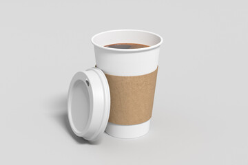 White take away coffee paper cup mock up with opened BBB lid with holder on white background.