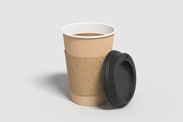 Cardboard take away coffee paper cup mock up with opened black lid with holder on white background.