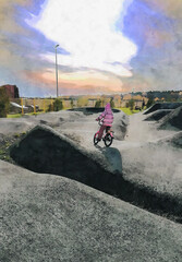 Obraz premium A girl in bright Burgundy, pink pants, jacket and hat on a pink Bicycle, riding on a skate pad in watercolor technique.
