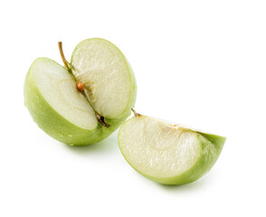 three quarters of  whole fresh juicy green apple and slice close-up isolated on white background
