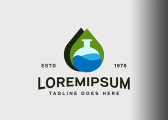 Drop lab logo design. Vector illustration of green water droplets and laboratory glass. Vintage logo design with flat style.