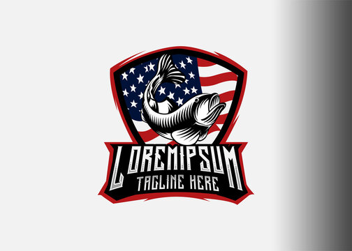 American fish logo design. Vector illustration of american flag, shield and fish.. emblem design