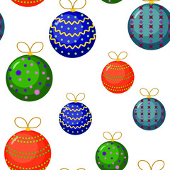 Christmas and New Year tree decorations. Seamless pattern of multicolor baubles, ball ornaments with bows stars on white background. Vector illustration