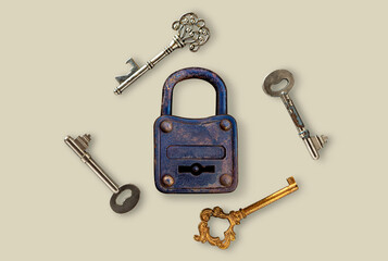 Several types of keys and master keys are on a gray background. The concept about finding the key...