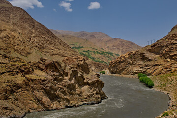 Central Asia, Tajikistan. Border river Panj between Tajikistan and Afghanistan along the Pamir tract.