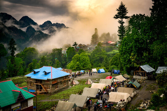 Scenic view in Himalaya. Sunrise view from the dense forest of Himalay in  Grahan village, Kasol, Himachal Pradesh, India.