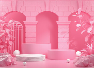 Naklejka na ściany i meble Mockup Pink Empty Step Podium With Building And Wild Concept Abstract Background 3d Render