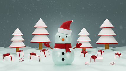 Merry christmas with snowman and gift box on snow. 3d rendering