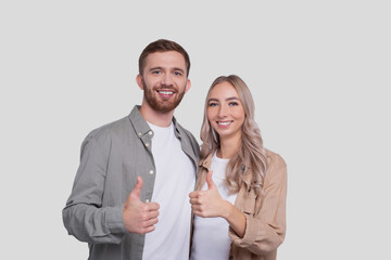 Couple Showing Thumb Up Isolated. Man and Woman Hugging, Lovers, Friends, Couple, Virus Concept