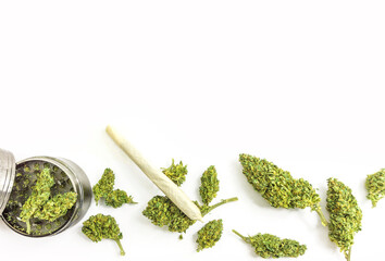 Overhead view of recreational or medical Cannabis on white background