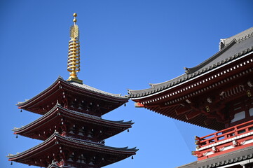 東京2020オリンピックの年の東京の風景　正月の浅草の澄んだ青空の宝蔵門と五重塔
