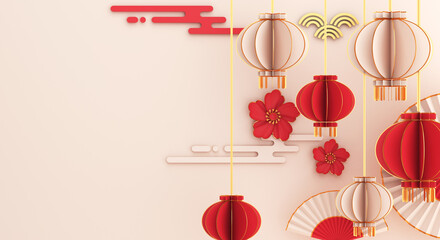 Happy Chinese new year or mid autumn decoration background with lantern, red paper hand fan umbrella, flower, copy space text, 3D rendering illustration