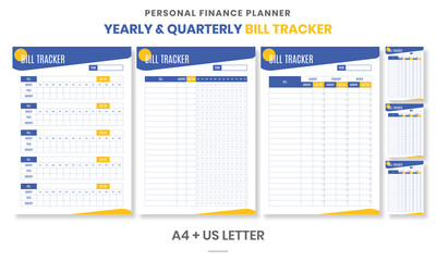 Minimalist Personal Finance planner Yearly, Quarterly Bill Tracker pages templates collection set of vector paper A4 and US Letter Ai, EPS 10 File