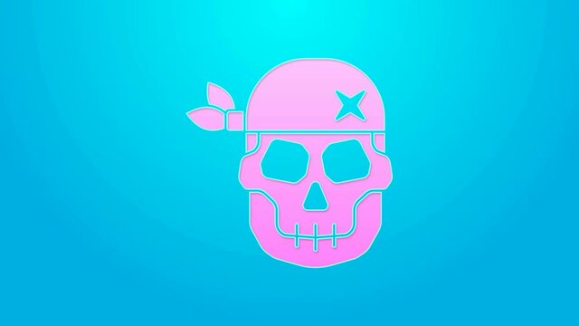 Pink line Skull icon isolated on blue background. Happy Halloween party. 4K Video motion graphic animation