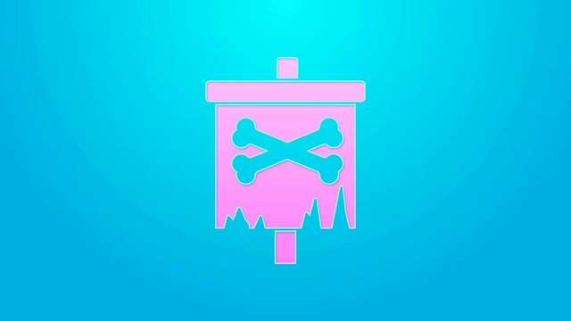 Pink line Pirate flag icon isolated on blue background. 4K Video motion graphic animation