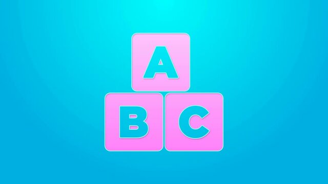 Pink line ABC blocks icon isolated on blue background. Alphabet cubes with letters A,B,C. 4K Video motion graphic animation
