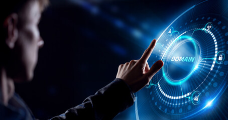 Business, Technology, Internet and network concept. Young businessman working on a virtual screen of the future and sees the inscription: Domain
