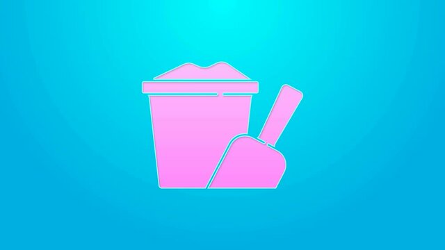Pink line Sand in bucket with shovel icon isolated on blue background. Plastic kid toy. Summer icon. 4K Video motion graphic animation