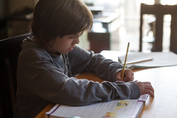 Young boy writes on his paper at a desk.