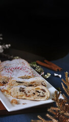 Stollen Cake on Festive Season Decoration Concept with Copy space