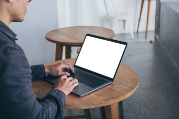 computer screen blank mockup.hand man work using laptop with white background for advertising,contact business search information on desk at coffee shop.marketing and creative design