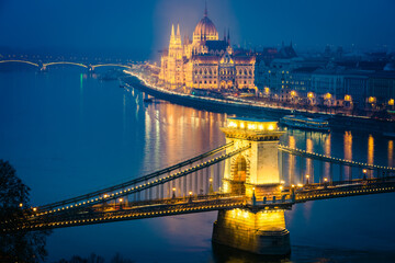 Fototapeta na wymiar Panorama of Budapest, Hungary, with the Chain Bridge and the Parliament