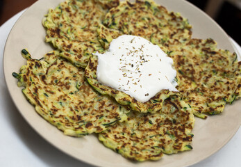 fried zucchini pancakes with greek yogurt
