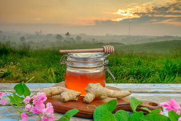 Alternative Medicine with garlic and  honey on wooden table. Beautiful sunrise as background.