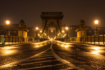 Chain Bridge in Budapest illuminated at night. Hungary 