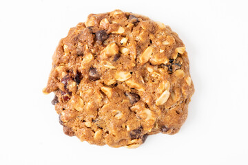Homemade tasty oatmeal cookies with raisins, dried cranberry and Himalayan mango seeds. Healthy snack concept. Sweet dessert. Close up image.