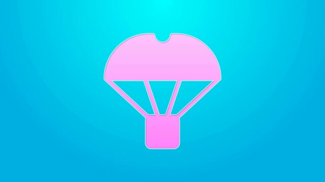 Pink line Box flying on parachute icon isolated on blue background. Parcel with parachute for shipping. Delivery service, air shipping. 4K Video motion graphic animation