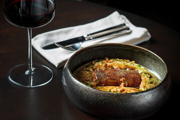 eel with potato cream and red wine