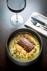 eel with potato cream and red wine