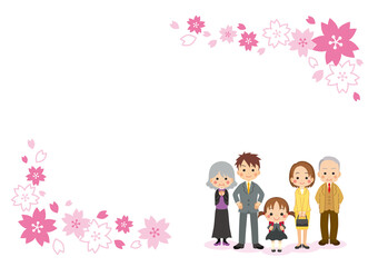 可愛い新一年生の女の子と入学を祝う家族　三世代ファミリー　桜フレーム