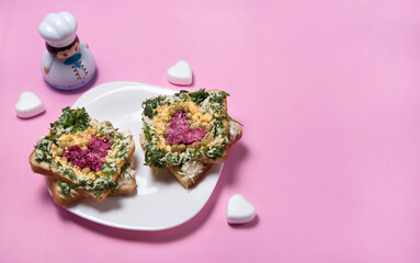 Obraz na płótnie Canvas Sandwiches with edible hearts. Food art idea for Valentine day, birthday, mother’s day.
