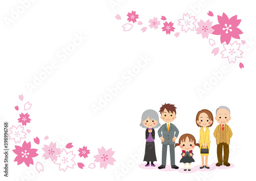 可愛い新一年生の女の子と入学を祝う家族 三世代ファミリー 桜フレーム Wall Mural ぽこたぽこ