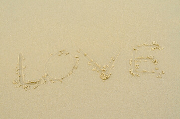 Fototapeta na wymiar handwritten love text on sand