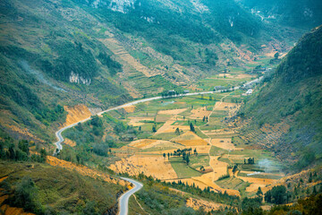 Beautiful landscapes with mountain and house in Ha Giang, Vietnam