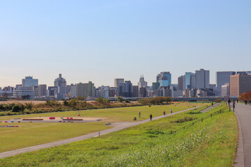 Fototapeta premium 南六郷付近から見た多摩川と川崎の街並み（東京都大田区）