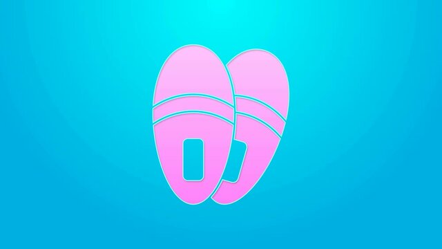 Pink line Slippers icon isolated on blue background. Flip flops sign. 4K Video motion graphic animation