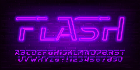 Flash alphabet font. Purple neon light letters, numbers and symbols. Brick wall background. Stock vector typescript for your design.