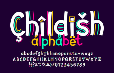 Childish alphabet font. Hand drawn uppercase and lowercase letters. Playful numbers and diacritic symbols. Stock vector typescript for your design.