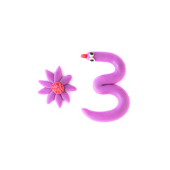 Number 3 made from colorful plasticine isolated on white background. Learning numbers with child.