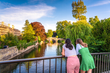 Sunset scenery of water canal in Cambridge city in England 