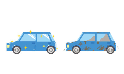 ピカピカの新車と古いボロ車のイラスト