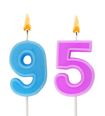 Burning birthday candles isolated on white background, number 95