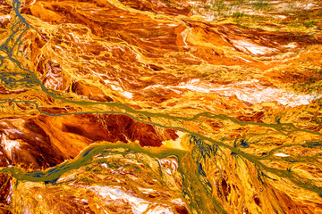 Environmental pollution from the extraction of copper ore and copper pyrite. View from above. Dead...