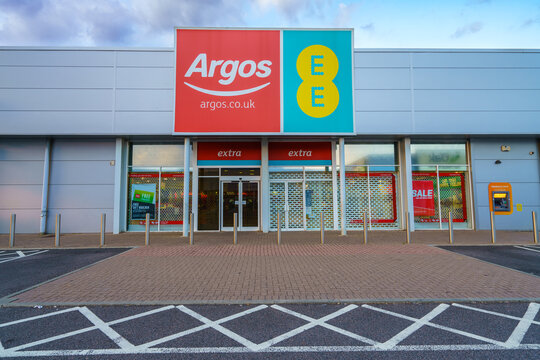 Stevenage, UK - July, 2019: Argos store front with the website on the commercial sign. Argos is a British catalogue and shop retailer operating in the United Kingdom and a subsidiary of Sainsbury's