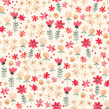 Childish seamless pattern with flowers. Perfect for kids fabric, textile, nursery wallpaper. Watercolor illustration. © bukhavets
