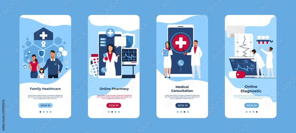 Aufkleber Mobile application of medical service. Smartphone interfaces. Online consultation and diagnostic. Ordering medicines and making appointment with doctor. Modern touchscreen device templates, vector set
